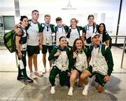 22 July 2024; Team Ireland boxers, back row, from left, Kellie Harrington, Jack Marley, Dean Clancy, Jude Gallagher, Grainne Walsh, Aoife O'Rourke and Daina Moorhouse with, front row, from left, Michaela Walsh, Jennifer Lehane and Aidan Walsh during their arrival at Charles de Gaulle airport in Paris ahead of the 2024 Paris Summer Olympic Games in Paris, France. Photo by Stephen McCarthy/Sportsfile