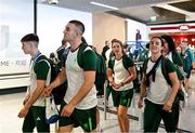 22 July 2024; Team Ireland boxers, from left, Jude Gallagher, Jack Marley, Grainne Walsh and Kellie Harrington during their arrival at Charles de Gaulle airport in Paris ahead of the 2024 Paris Summer Olympic Games in Paris, France. Photo by Stephen McCarthy/Sportsfile
