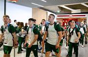 22 July 2024; Team Ireland boxers, from left, Dean Clancy, Jude Gallagher, Jack Marley, Grainne Walsh and Kellie Harrington during their arrival at Charles de Gaulle airport in Paris ahead of the 2024 Paris Summer Olympic Games in Paris, France. Photo by Stephen McCarthy/Sportsfile