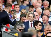 21 July 2024; An Taoiseach Simon Harris TD poses for a photograph with Joe Carey TD before the GAA Hurling All-Ireland Senior Championship Final between Clare and Cork at Croke Park in Dublin. Photo by Stephen McCarthy/Sportsfile
