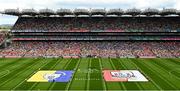 21 July 2024; The Clare and Cork flags on the field ahead of the GAA Hurling All-Ireland Senior Championship Final between Clare and Cork at Croke Park in Dublin. Photo by Daire Brennan/Sportsfile
