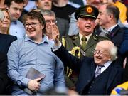 21 July 2024; President of Ireland Michael D Higgins and his son Michael Edward Higgins before the GAA Hurling All-Ireland Senior Championship Final between Clare and Cork at Croke Park in Dublin. Photo by Stephen McCarthy/Sportsfile