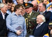 21 July 2024; President of Ireland Michael D Higgins and his son Michael Edward Higgins before the GAA Hurling All-Ireland Senior Championship Final between Clare and Cork at Croke Park in Dublin. Photo by Stephen McCarthy/Sportsfile