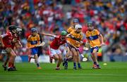 21 July 2024; Darragh Pettitt, Murrintown NS, Murrintown, Wexford, representing Clare is tackled by Shay Mallie, Scoil Mhuire na mBuachaillí, Monaghan, representing Cork during the GAA INTO Cumann na mBunscol Respect Exhibition Go Games at the GAA Hurling All-Ireland Senior Championship final between Clare and Cork at Croke Park in Dublin. Photo by Ray McManus/Sportsfile