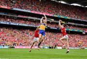 21 July 2024; Conor Leen of Clare in action against Jack O'Connor, right, and Patrick Horgan of Cork during the GAA Hurling All-Ireland Senior Championship Final between Clare and Cork at Croke Park in Dublin. Photo by Stephen McCarthy/Sportsfile