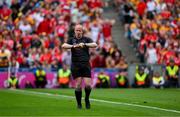 21 July 2024; Referee Johnny Murphy call time, in normal time, during the GAA Hurling All-Ireland Senior Championship Final between Clare and Cork at Croke Park in Dublin. Photo by Ray McManus/Sportsfile