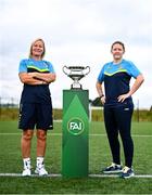 23 July 2024; Terenure Rangers manager Caroline Kelly, left, and captain Niamh Carroll during the FAI Women’s Amateur Cup Final Preview Event at FAI HQ in Dublin. Photo by Ben McShane/Sportsfile