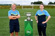 23 July 2024; Terenure Rangers manager Caroline Kelly, left, and captain Niamh Carroll during the FAI Women’s Amateur Cup Final Preview Event at FAI HQ in Dublin. Photo by Ben McShane/Sportsfile
