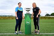 23 July 2024; Terenure Rangers captain Niamh Carroll, left, and Whitehall Rangers AFC captain Charlie Graham  during the FAI Women’s Amateur Cup Final Preview Event at FAI HQ in Dublin. Photo by Ben McShane/Sportsfile