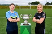 23 July 2024; Terenure Rangers captain Niamh Carroll, left, and Whitehall Rangers AFC captain Charlie Graham  during the FAI Women’s Amateur Cup Final Preview Event at FAI HQ in Dublin. Photo by Ben McShane/Sportsfile