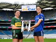 23 July 2024; In attendance at a Croke Park photocall ahead of the 2024 ZuCar All-Ireland U18 Ladies Football Finals is Kerry captain Éabha Ní Laighin with Cavan captain Ellie Brady during the ZuCar All-Ireland U18 Ladies Football Championship Finals Captains Day at Croke Park in Dublin. Photo by Matt Browne/Sportsfile