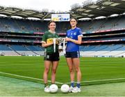 23 July 2024; In attendance at a Croke Park photocall ahead of the 2024 ZuCar All-Ireland U18 Ladies Football Finals is Kerry captain Éabha Ní Laighin with Cavan captain Ellie Brady during the ZuCar All-Ireland U18 Ladies Football Championship Finals Captains Day at Croke Park in Dublin. Photo by Matt Browne/Sportsfile