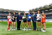 23 July 2024; In attendance at a Croke Park photocall ahead of the 2024 ZuCar All-Ireland U18 Ladies Football Finals are, from left, Tyrone captain Sorcha Gormley with Sligo captain Ciara Walsh who will play in the B final, Gavin Hydes, CEO of Joe Duffy Group, Kerry captain Éabha Ní Laighin with Cavan captain Ellie Brady, who will play in the A final, Mícheál Naughton, President of the LGFA, and Waterford captain Lia Ní Arta with Armagh captain Erin Murphy, who will play in the C final, during the ZuCar All-Ireland U18 Ladies Football Championship Finals Captains Day at Croke Park in Dublin. Photo by Matt Browne/Sportsfile