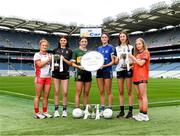 23 July 2024; In attendance at a Croke Park photocall ahead of the 2024 ZuCar All-Ireland U18 Ladies Football Finals are, from left, Tyrone captain Sorcha Gormley with Sligo captain Ciara Walsh who will play in the B final, Kerry captain Éabha Ní Laighin with Cavan captain Ellie Brady who will play in the A final and Waterford captain Lia Ní Arta with Armagh captain Erin Murphy who will play in the C final during the ZuCar All-Ireland U18 Ladies Football Championship Finals Captains Day at Croke Park in Dublin. Photo by Matt Browne/Sportsfile