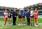 23 July 2024; In attendance at a Croke Park photocall ahead of the 2024 ZuCar All-Ireland U18 Ladies Football Finals are, from left, Tyrone captain Sorcha Gormley with Sligo captain Ciara Walsh who will play in the B final, Gavin Hydes, CEO of Joe Duffy Group, Kerry captain Éabha Ní Laighin with Cavan captain Ellie Brady, who will play in the A final, Mícheál Naughton, President of the LGFA, and Waterford captain Lia Ní Arta with Armagh captain Erin Murphy, who will play in the C final, during the ZuCar All-Ireland U18 Ladies Football Championship Finals Captains Day at Croke Park in Dublin. Photo by Matt Browne/Sportsfile