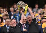 21 July 2024; Pad Joe Keane, left, and Brian McAllister lift the Liam MacCarthy cup following victory in the GAA Hurling All-Ireland Senior Championship Final between Clare and Cork at Croke Park in Dublin. Photo by Stephen McCarthy/Sportsfile