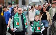 23 July 2024; Shamrock Rovers supporters Marc Johnston, left, and Zachary Pepper Johnston, aged 11, before the UEFA Champions League second qualifying round first leg match between Shamrock Rovers and Sparta Prague at Tallaght Stadium in Dublin. Photo by Thomas Flinkow/Sportsfile