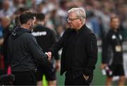 23 July 2024; Sparta Prague manager Lars Friis shakes hands with Shamrock Rovers manager Stephen Bradley  before the UEFA Champions League second qualifying round first leg match between Shamrock Rovers and Sparta Prague at Tallaght Stadium in Dublin. Photo by Harry Murphy/Sportsfile
