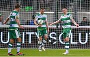 23 July 2024; Shamrock Rovers players, from right, Gary O'Neill, Sean Hoare and Daniel Cleary react after their side conceded a second goal during the UEFA Champions League second qualifying round first leg match between Shamrock Rovers and Sparta Prague at Tallaght Stadium in Dublin. Photo by Harry Murphy/Sportsfile