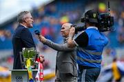 21 July 2024; Uachtarán Chumann Lúthchleas Gael Jarlath Burns is interviewed during the Warm-Up Show ahead of the GAA Hurling All-Ireland Senior Championship final between Clare and Cork at Croke Park in Dublin. Photo by Brendan Moran/Sportsfile
