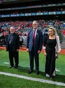 21 July 2024; Patron of the GAA and Bishop of Cashel and Emly Kieran O'Reilly, with Uachtarán Chumann Lúthchleas Gael Jarlath Burns and his wife Suzanne before the GAA Hurling All-Ireland Senior Championship Final between Clare and Cork at Croke Park in Dublin. Photo by Brendan Moran/Sportsfile