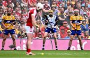 21 July 2024; Clare players, from left, John Conlon, goalkeeper Eibhear Quilligan and Conor Leen await a free from Patrick Horgan of Cork during the GAA Hurling All-Ireland Senior Championship Final between Clare and Cork at Croke Park in Dublin. Photo by Piaras Ó Mídheach/Sportsfile