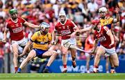 21 July 2024; Diarmuid Ryan of Clare in action against Cork players, from left, Séamus Harnedy, Patrick Horgan and Alan Connolly during the GAA Hurling All-Ireland Senior Championship Final between Clare and Cork at Croke Park in Dublin. Photo by Piaras Ó Mídheach/Sportsfile