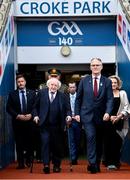 21 July 2024; President of Ireland Michael D Higgins and Uachtarán Chumann Lúthchleas Gael Jarlath Burns arrive to meet the teams before the GAA Hurling All-Ireland Senior Championship Final between Clare and Cork at Croke Park in Dublin. Photo by Brendan Moran/Sportsfile