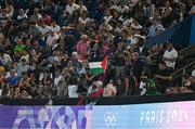 24 July 2024; A spectator waves a Palestine flag during the Men's Football Pool D match between Team Mali and Team Israel at the Parc des Princes during the 2024 Paris Summer Olympic Games in Paris, France. Photo by Brendan Moran/Sportsfile