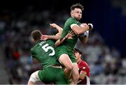 24 July 2024; Hugo Keenan of Team Ireland claims a high ball during the Men's Rugby Sevens Pool A match between Team Ireland and Team Japan at the Stade de France during the 2024 Paris Summer Olympic Games in Paris, France. Photo by David Fitzgerald/Sportsfile