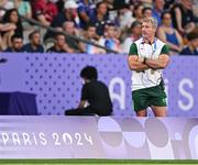 24 July 2024; Team Ireland head coach James Topping during the Men's Rugby Sevens Pool A match between Team Ireland and Team Japan at the Stade de France during the 2024 Paris Summer Olympic Games in Paris, France. Photo by Stephen McCarthy/Sportsfile