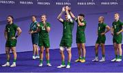 24 July 2024; Team Ireland players, from left, Andrew Smith, Niall Comerford, Jack Kelly, Hugo Keenan, Hugo Lennox and Gavin Mullin after the Men's Rugby Sevens Pool A match between Team Ireland and Team Japan at the Stade de France during the 2024 Paris Summer Olympic Games in Paris, France. Photo by David Fitzgerald/Sportsfile