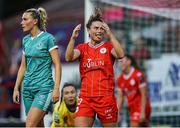 24 July 2024; Jemma Quinn of Shelbourne reacts after having a shot on goal saved by Shamrock Rovers goalkeeper Amanda Budden during the Avenir Sports All-Island Cup semi-final match between Shelbourne and Shamrock Rovers at Tolka Park in Dublin. Photo by Thomas Flinkow/Sportsfile