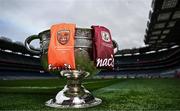 25 July 2024; The Sam Maguire Cup pictured with the jerseys of Armagh and Galway ahead of the GAA Football All-Ireland Senior Championship final between Armagh and Galway at Croke Park in Dublin. Photo by Harry Murphy/Sportsfile