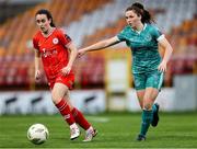 24 July 2024; Scarlett Herron of Shamrock Rovers in action against Roma McLaughlin of Shelbourne during the Avenir Sports All-Island Cup semi-final match between Shelbourne and Shamrock Rovers at Tolka Park in Dublin. Photo by Thomas Flinkow/Sportsfile