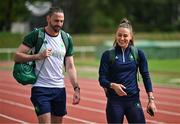 25 July 2024; Sophie Becker of Team Ireland and coach Ger O'Donnell arrive for Team Ireland athletics squad training session at Stade Philippe Mahut in Fontainebleau ahead of the 2024 Paris Summer Olympic Games in Paris, France. Photo by Sam Barnes/Sportsfile
