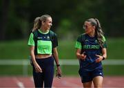 25 July 2024; Team Ireland athletes Sharlene Mawdsley, left, and Lauren Cadden arrive for a Team Ireland athletics squad training session at Stade Philippe Mahut in Fontainebleau ahead of the 2024 Paris Summer Olympic Games in Paris, France. Photo by Sam Barnes/Sportsfile