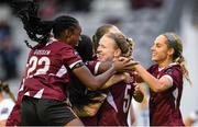 24 July 2024; Jamie Erickson of Galway United, centre, celebrates with teammates after scoring her side's second goal during the Avenir Sports All-Island Cup semi-final match between Galway United and Wexford at Eamonn Deacy Park in Galway. Photo by Tom Beary/Sportsfile