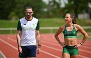 25 July 2024; Coach Ger O'Donnell with Sophie Becker of Team Ireland during a Team Ireland athletics squad training session at Stade Philippe Mahut in Fontainebleau ahead of the 2024 Paris Summer Olympic Games in Paris, France. Photo by Sam Barnes/Sportsfile