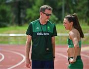 25 July 2024; Coach Jeremy Lyons with Sophie Becker of Team Ireland during a Team Ireland athletics squad training session at Stade Philippe Mahut in Fontainebleau ahead of the 2024 Paris Summer Olympic Games in Paris, France. Photo by Sam Barnes/Sportsfile