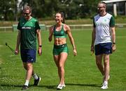 25 July 2024; Sophie Becker of Team Ireland with coaches Jeremy Lyons, left, and Ger O'Donnell during a Team Ireland athletics squad training session at Stade Philippe Mahut in Fontainebleau ahead of the 2024 Paris Summer Olympic Games in Paris, France. Photo by Sam Barnes/Sportsfile