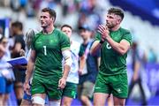 25 July 2024; Jack Kelly, left, and Hugo Keenan of Team Ireland after the Men's Rugby Sevens Pool A match between Team Ireland and Team New Zealand at the Stade de France during the 2024 Paris Summer Olympic Games in Paris, France. Photo by Brendan Moran/Sportsfile