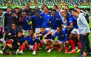 25 July 2024; France players celebrate after the UEFA European U19 Championship semi-final match between France and Ukraine at National Football Stadium at Windsor Park in Belfast, Northern Ireland. Photo by Ben McShane/Sportsfile