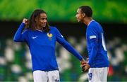 25 July 2024; Mathis Amougou, left, and Simon Kalambayi of France after the UEFA European U19 Championship semi-final match between France and Ukraine at National Football Stadium at Windsor Park in Belfast, Northern Ireland. Photo by Ben McShane/Sportsfile