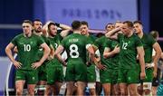 25 July 2024; Team Ireland players after defeat in the Men's Rugby Sevens Quarter-Final match between Team Fiji and Team Ireland at the Stade de France during the 2024 Paris Summer Olympic Games in Paris, France. Photo by Brendan Moran/Sportsfile
