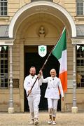 26 July 2024; Golfer Shane Lowry and 100m hurdler Sarah Lavin have been revealed as the Team Ireland flagbearers for the Opening Ceremony of the 2024 Paris Summer Olympic Games in Paris. The Irish team will wear suits designed by Irish designer Laura Weber in the ceremony that takes place later today on the River Seine in Paris. Photo by Sam Barnes/Sportsfile