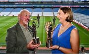 26 July 2024; Lifetime Achievement recipients Eugene &quot;Nudie&quot; Hughes of Monaghan and Sue Ramsbottom of Laois with their awards at the GPA Football Legends Lunch at Croke Park in Dublin. Photo by Piaras Ó Mídheach/Sportsfile