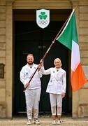 26 July 2024; Golfer Shane Lowry and 100m hurdler Sarah Lavin have been revealed as the Team Ireland flagbearers for the Opening Ceremony of the 2024 Paris Summer Olympic Games in Paris. The Irish team will wear suits designed by Irish designer Laura Weber in the ceremony that takes place later today on the River Seine in Paris. Photo by Sam Barnes/Sportsfile