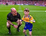 21 July 2024; Conor Moroney from Kilmaley in Clare on the pitch to present referee Johnny Murphy with the official match sliotar before the GAA Hurling All-Ireland Senior Championship Final between Clare and Cork at Croke Park in Dublin. Photo by Piaras Ó Mídheach/Sportsfile