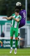 26 July 2024; Harry Groome of Bray Wanderers and Thomas Oluwa of Wexford compete for the header during the SSE Airtricity Men's First Division match between Bray Wanderers and Wexford at Carlisle Grounds in Bray, Wicklow. Photo by Thomas Flinkow/Sportsfile